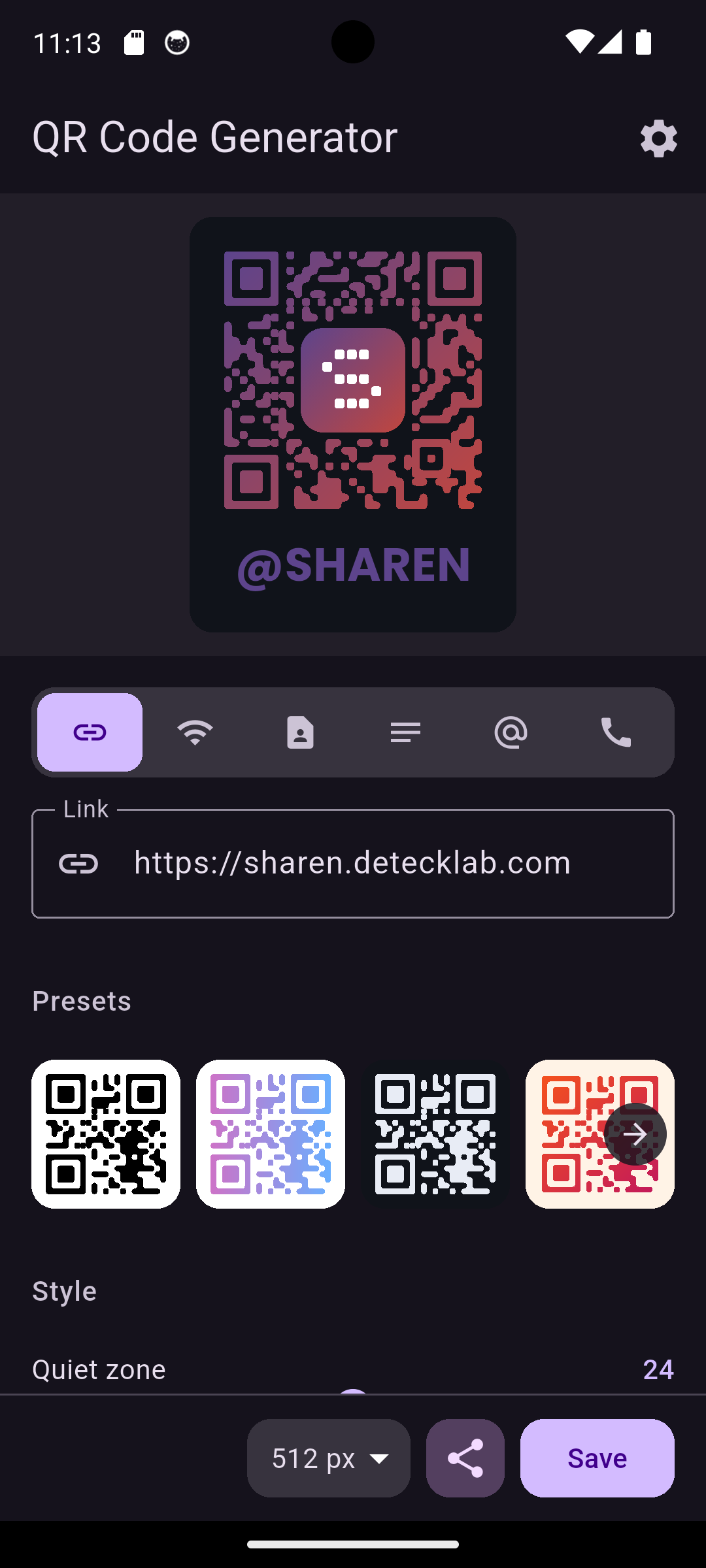 Sharen generator screen with the QR code preview