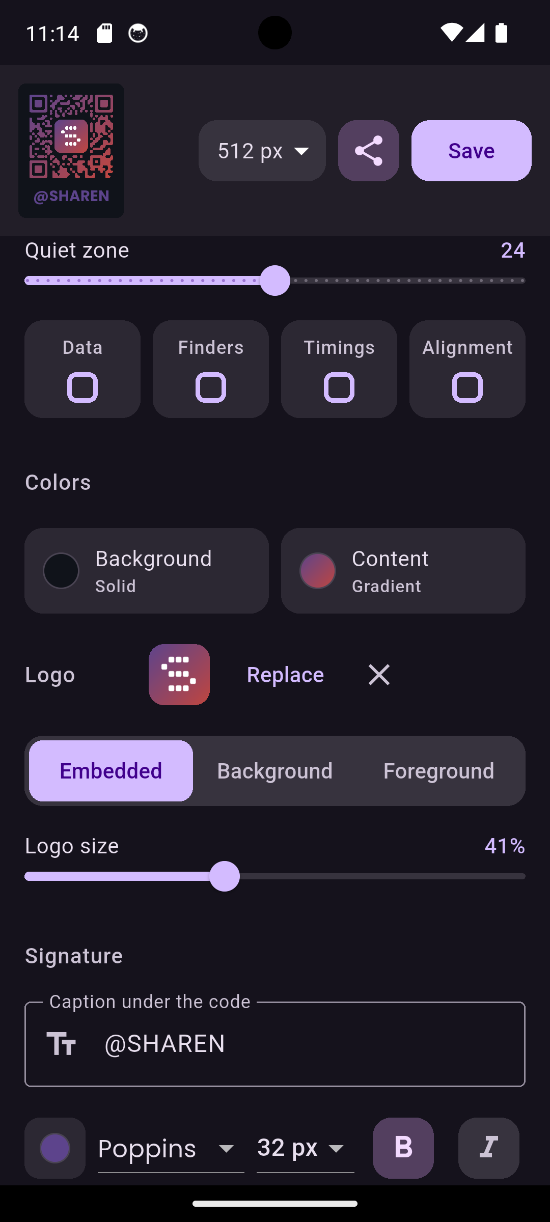 Sharen styling screen with colors, shapes and presets