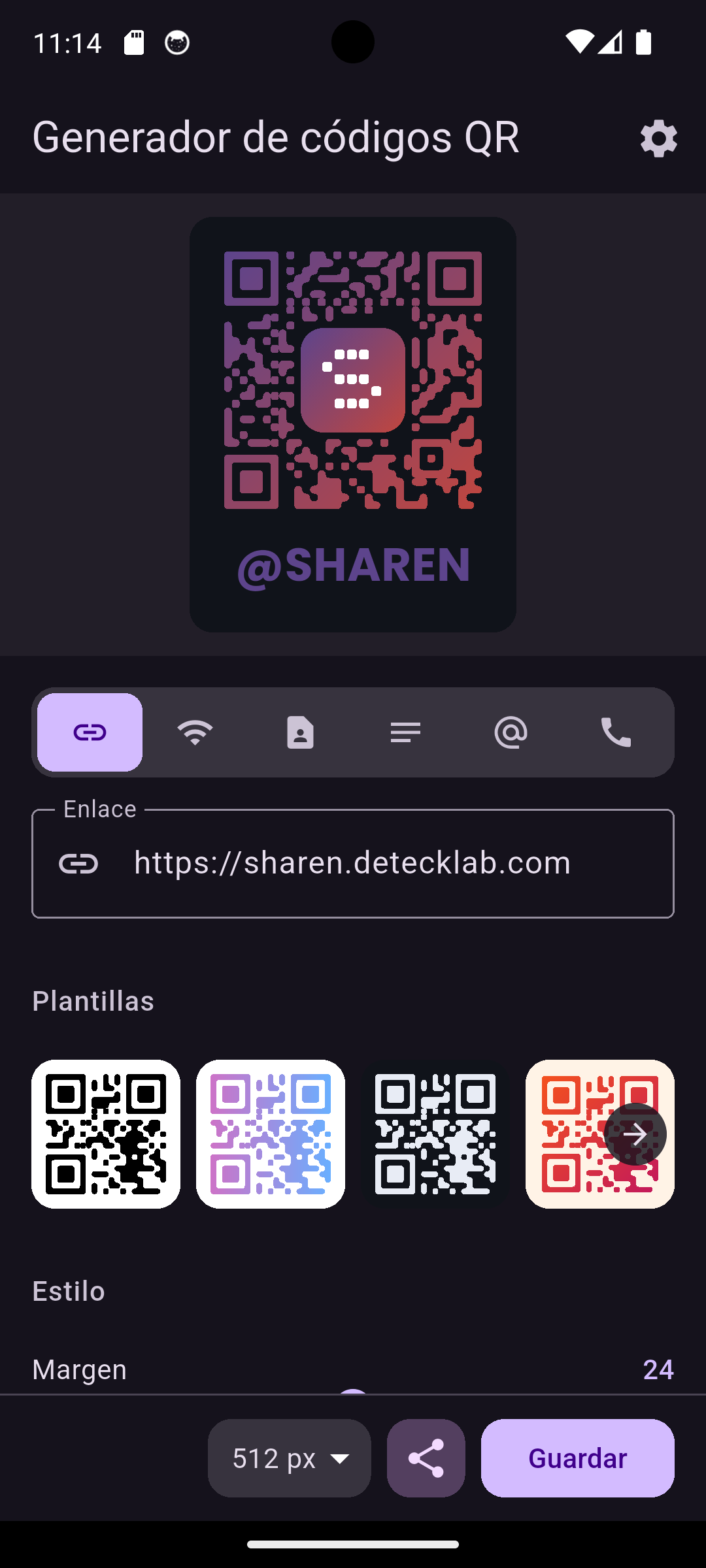 Pantalla del generador de Sharen con la vista previa del código QR