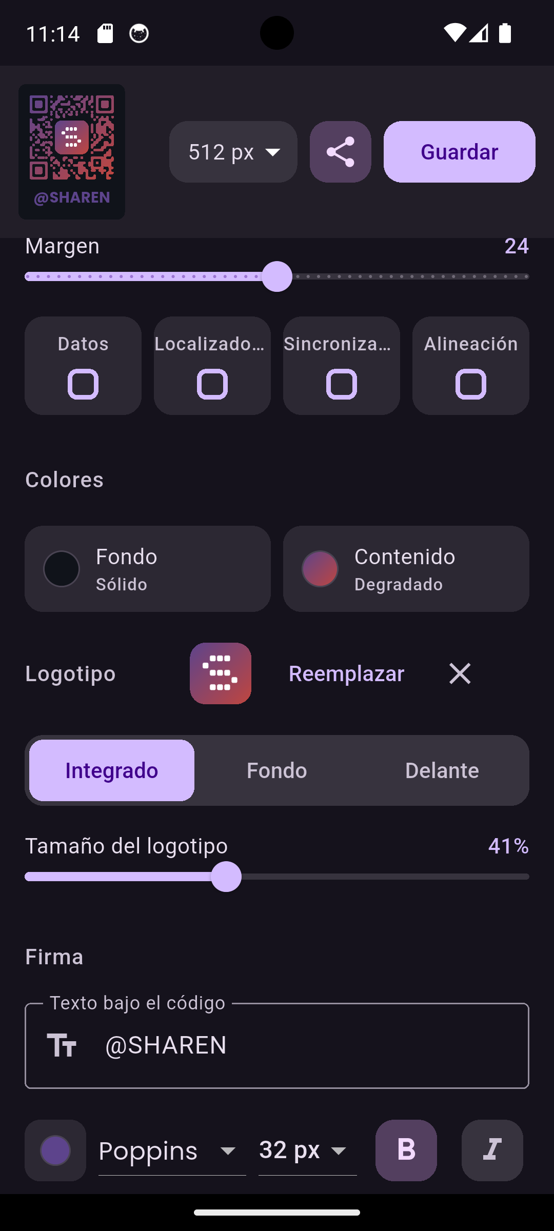 Pantalla de estilo de Sharen: colores, formas y ajustes